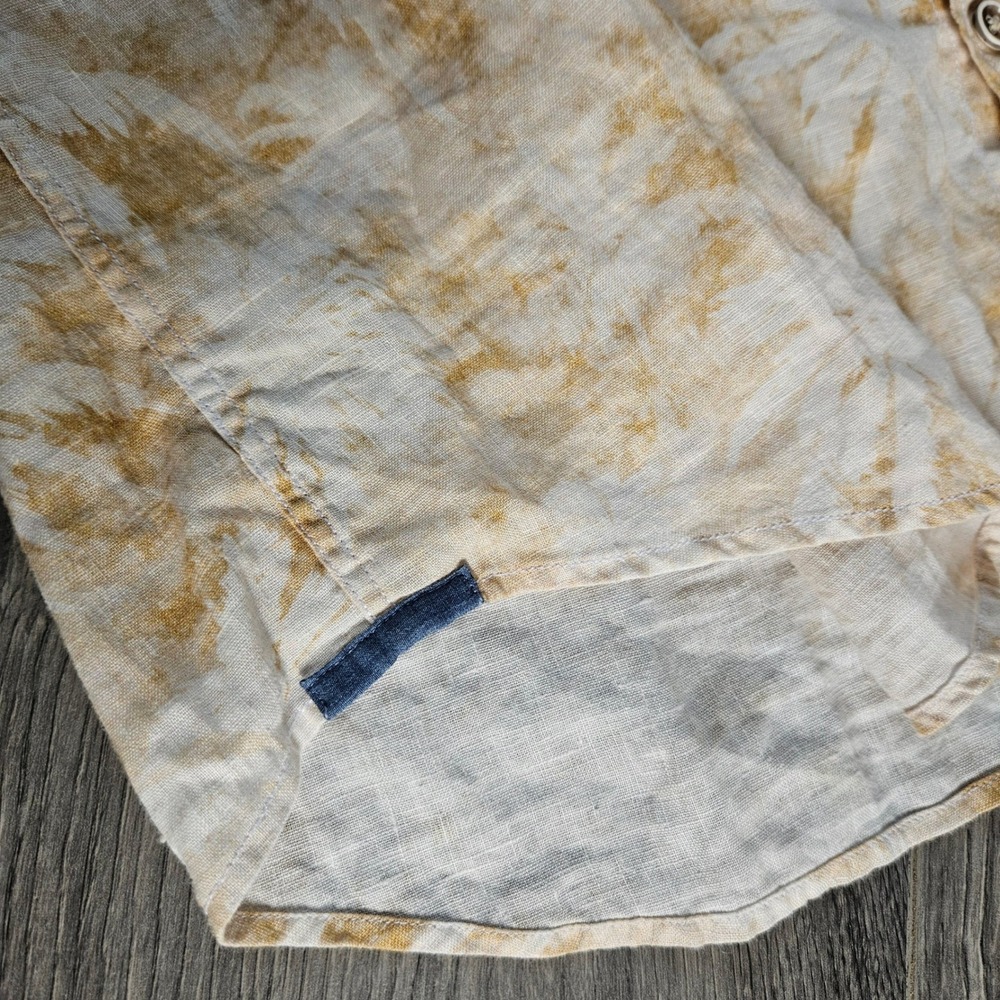 32 Bar Blues Mens Short Sleeve Linen Palm Print Button Down Shirt Tan Cream L - Picture 6 of 10